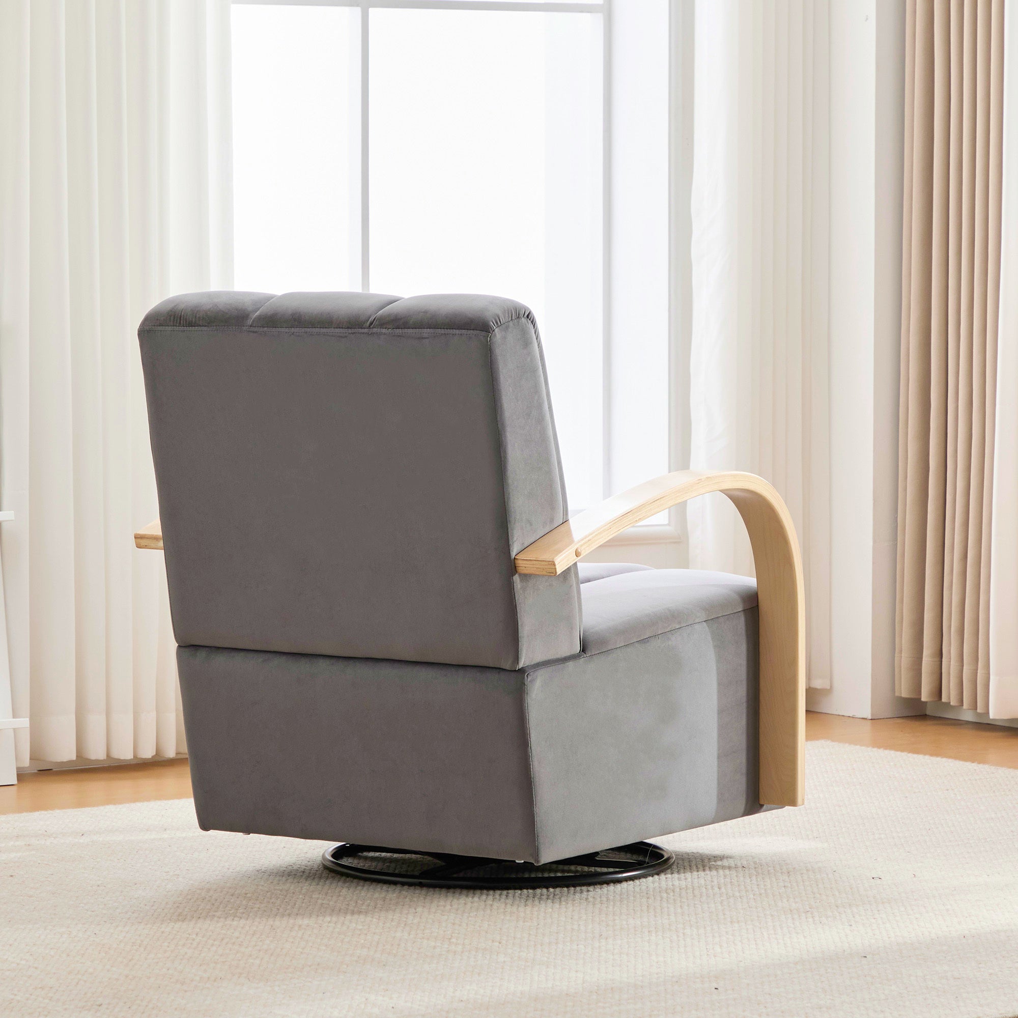 Modern Upholstered 360° Swivel Accent Chair with Solid Wood Armrests in Charcoal, Polyester and PU, 30.3' Wide