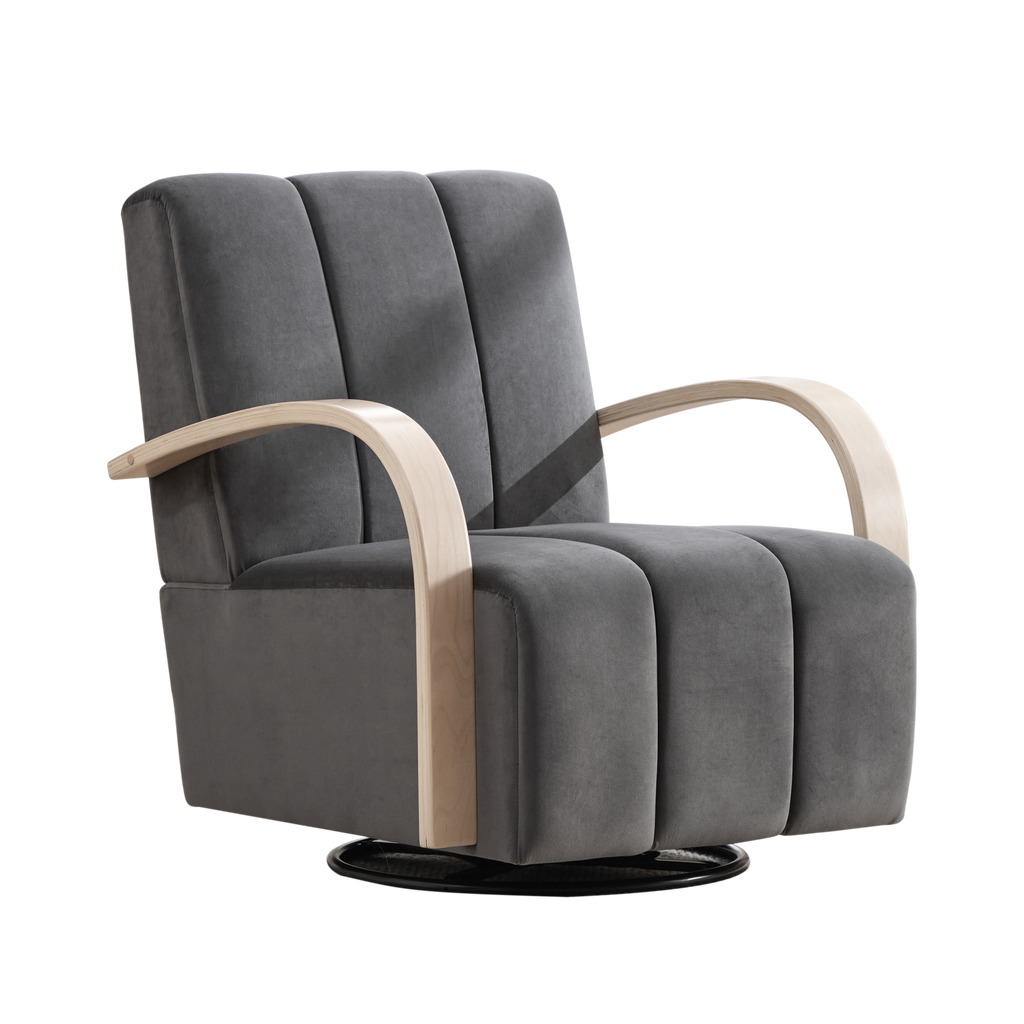 Modern Upholstered 360° Swivel Accent Chair with Solid Wood Armrests in Charcoal, Polyester and PU, 30.3' Wide