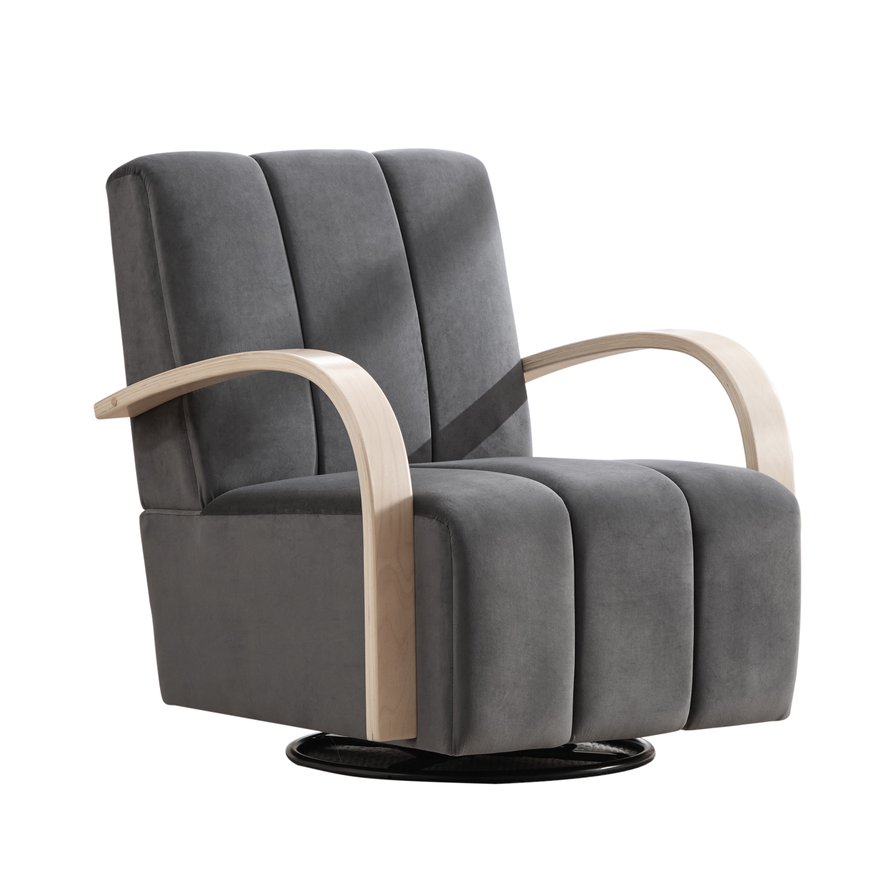 Modern Upholstered 360° Swivel Accent Chair with Solid Wood Armrests in Charcoal, Polyester and PU, 30.3' Wide
