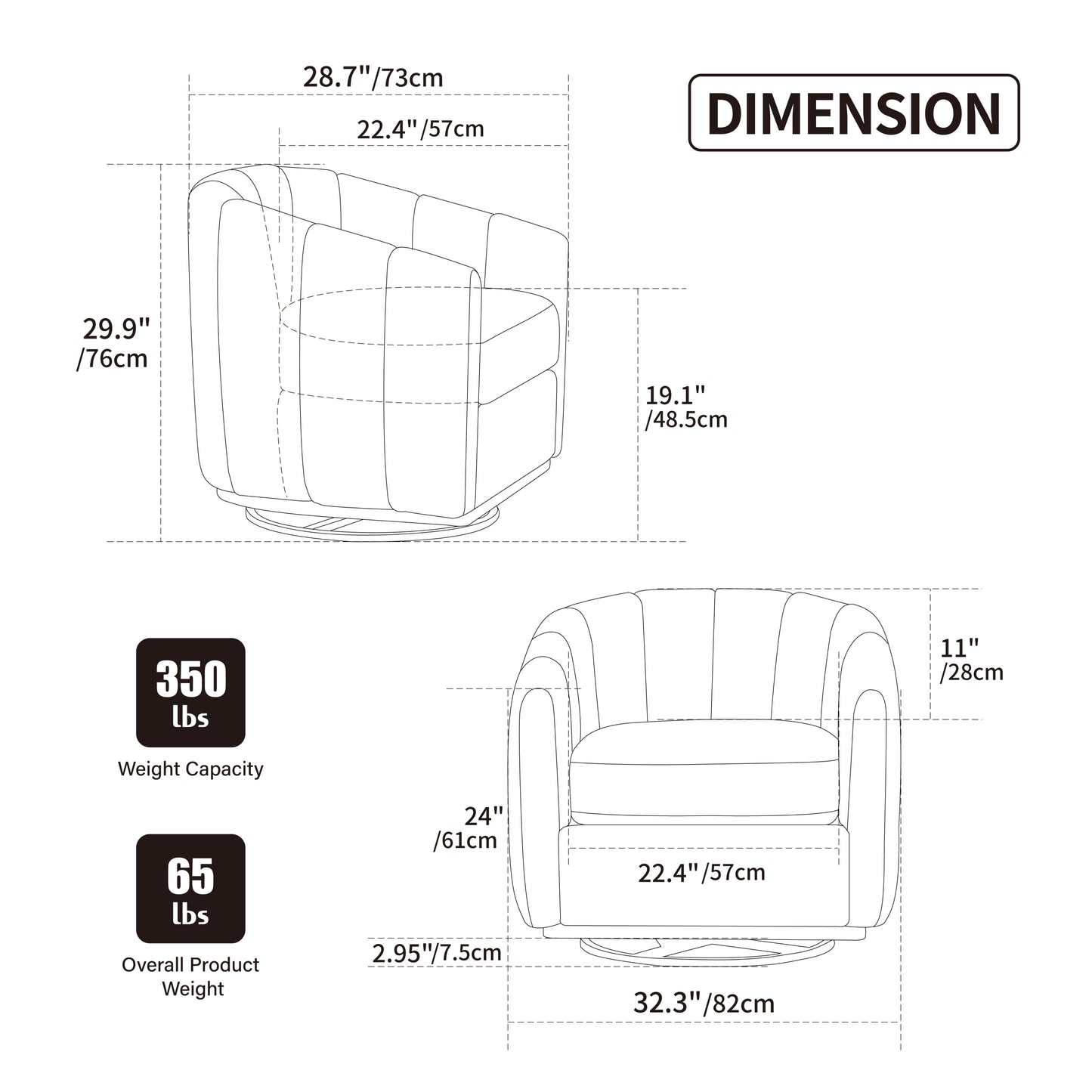 Modern Chenille Cushioned Metal Base 360° Swivel Chair, Upholstered Barrel Chair, Charcoal, 32.28' Wide