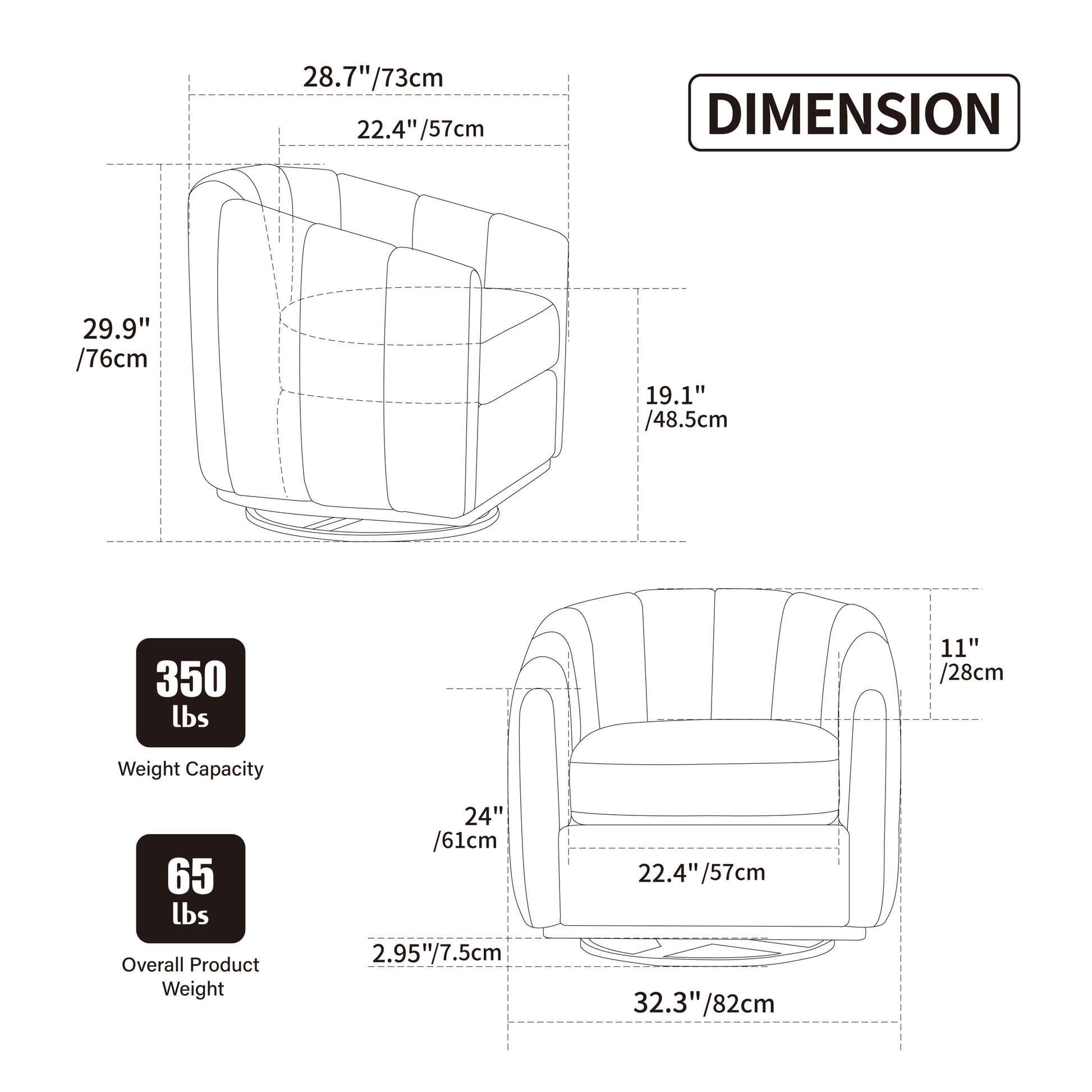 Modern Chenille Cushioned Metal Base 360° Swivel Chair, Upholstered Barrel Chair, Charcoal, 32.28' Wide