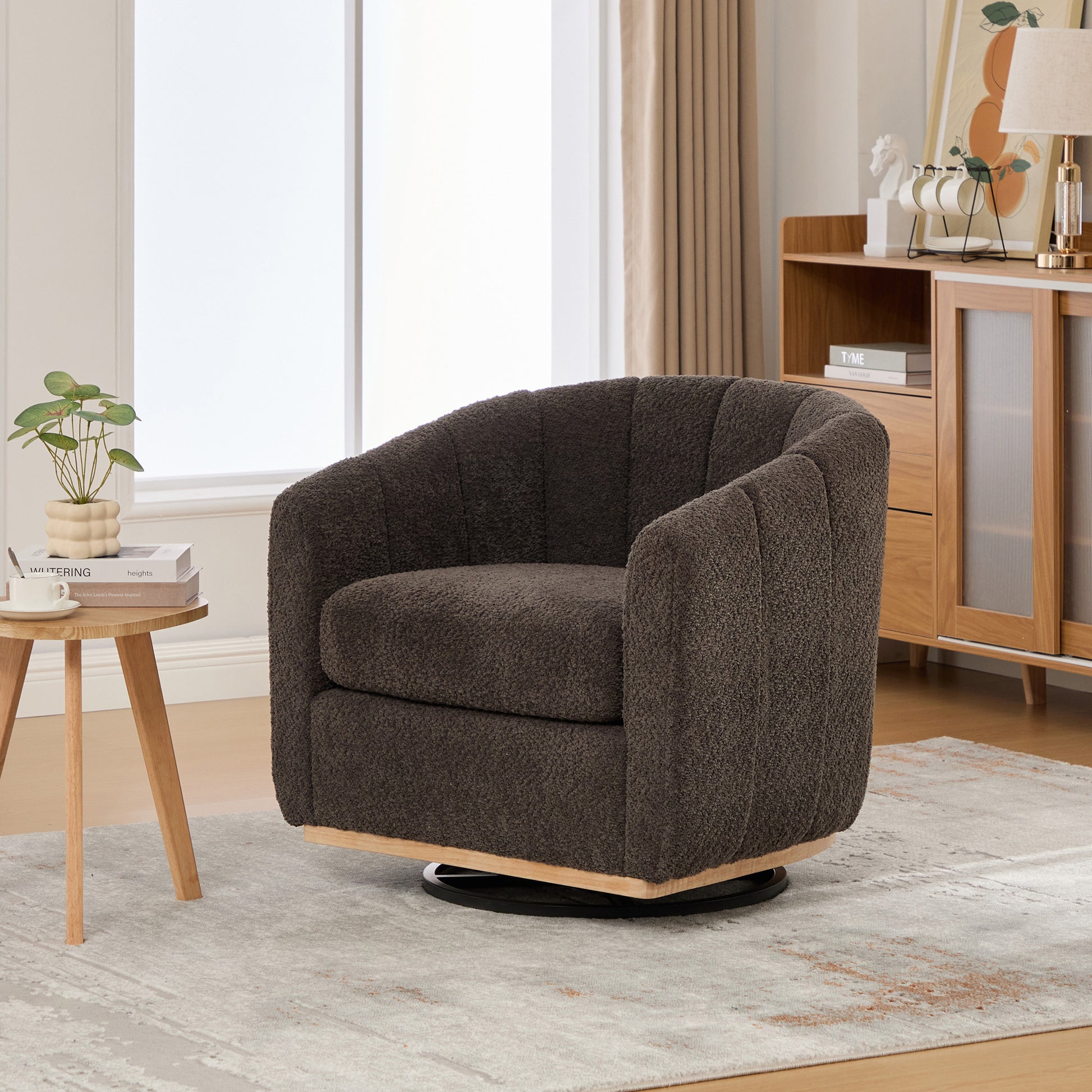 Modern Chenille Cushioned Metal Base 360° Swivel Chair, Upholstered Barrel Chair, Charcoal, 32.28' Wide