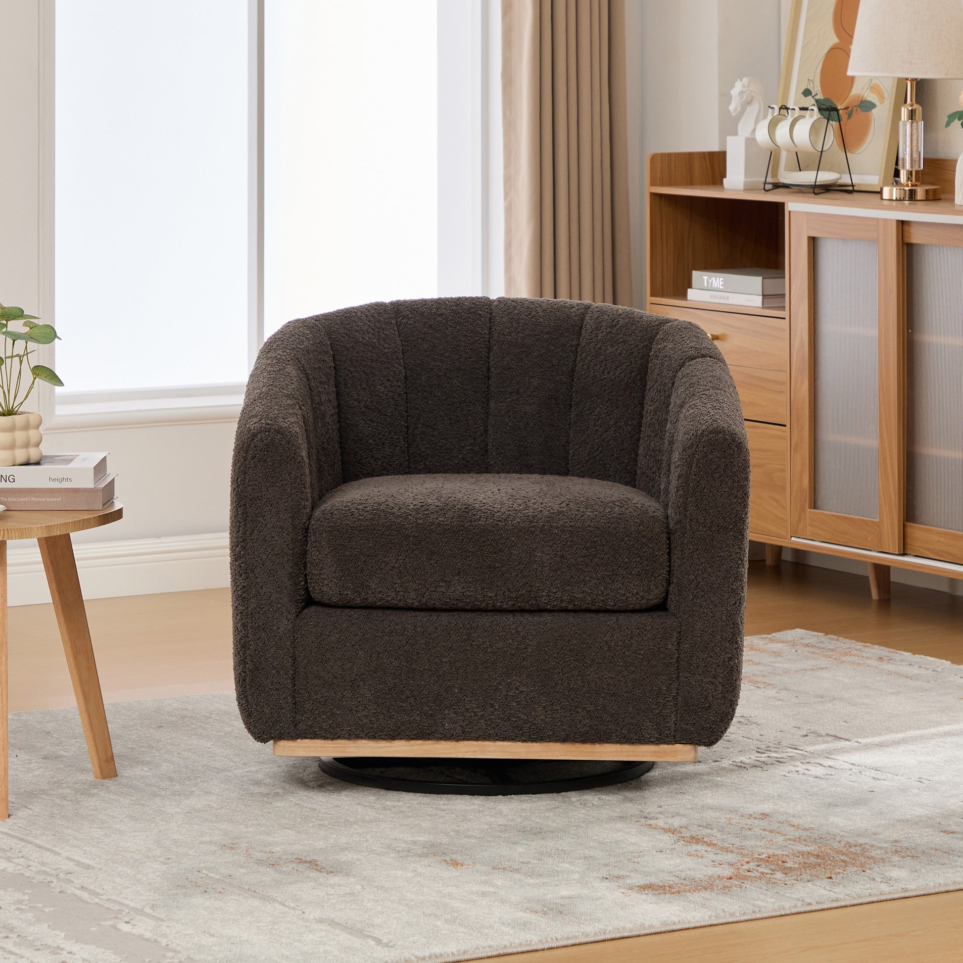 Modern Chenille Cushioned Metal Base 360° Swivel Chair, Upholstered Barrel Chair, Charcoal, 32.28' Wide