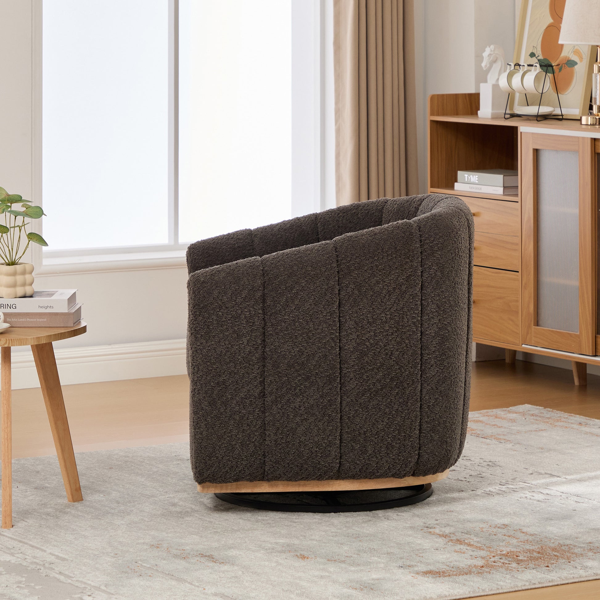 Modern Chenille Cushioned Metal Base 360° Swivel Chair, Upholstered Barrel Chair, Charcoal, 32.28' Wide