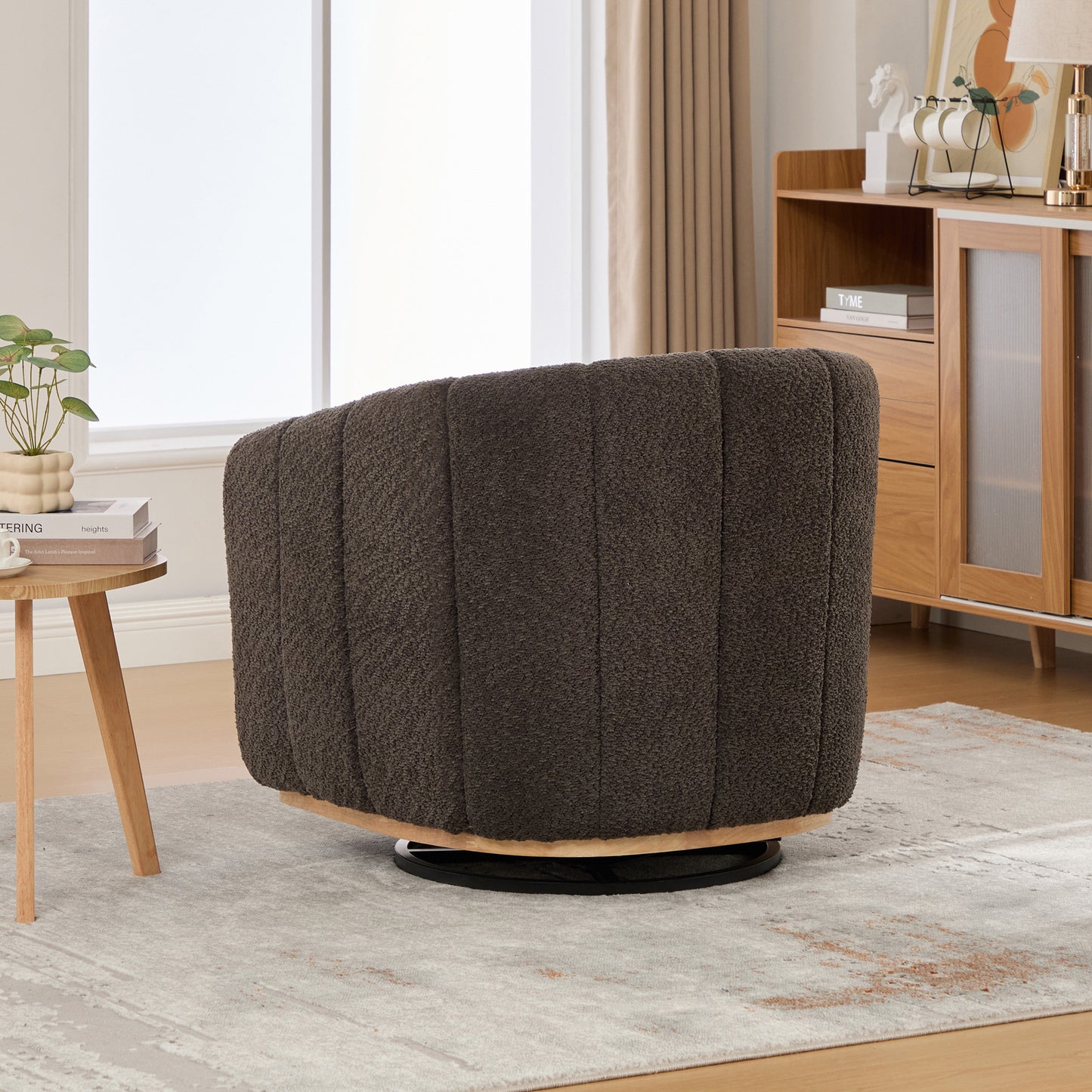 Modern Chenille Cushioned Metal Base 360° Swivel Chair, Upholstered Barrel Chair, Charcoal, 32.28' Wide