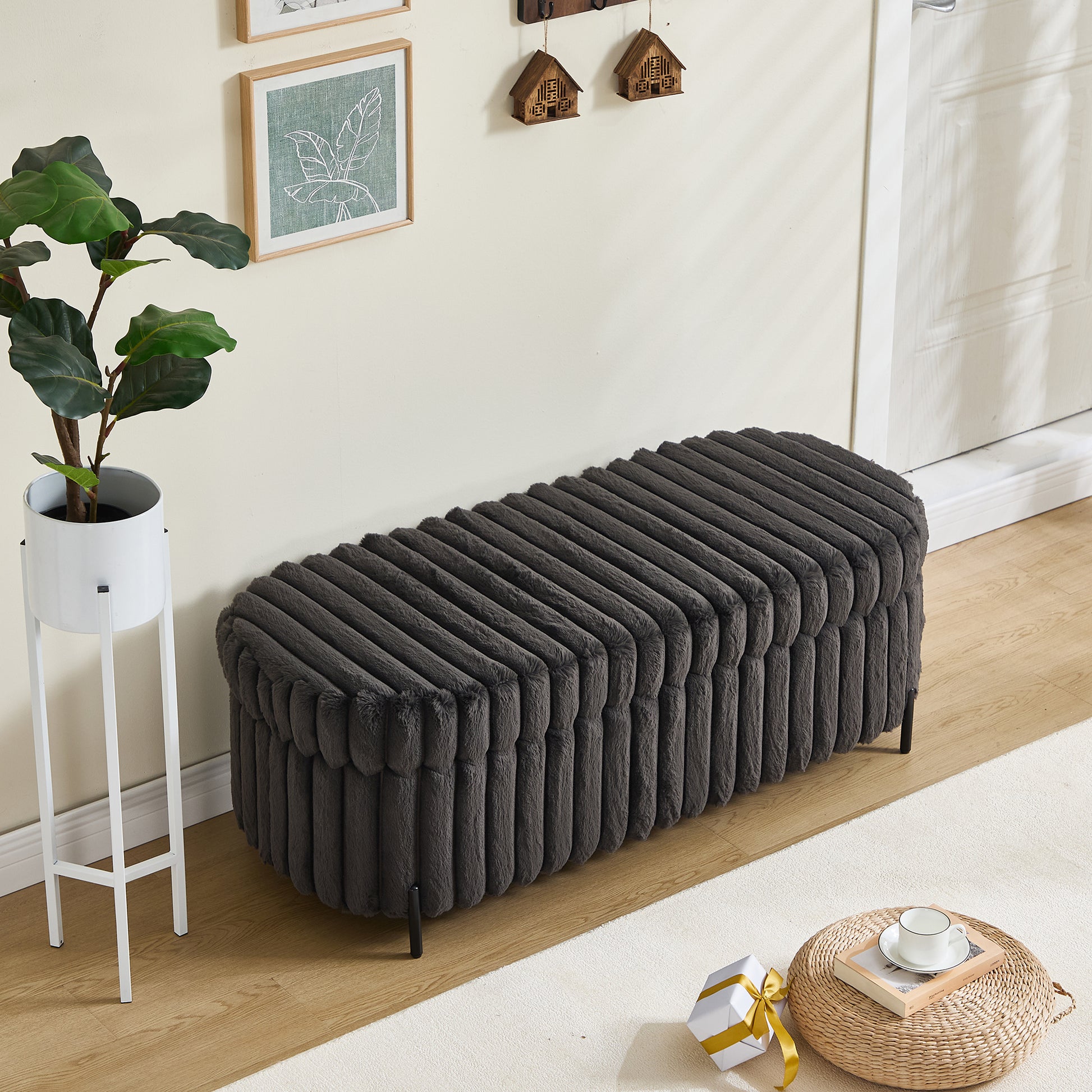 49.2' Wide Faux Fur Flip Top Storage Bench with Black Metal Legs, Bed End Stool Foot Rest for Living Room Entryway Dorm Bedroom,Charcoal