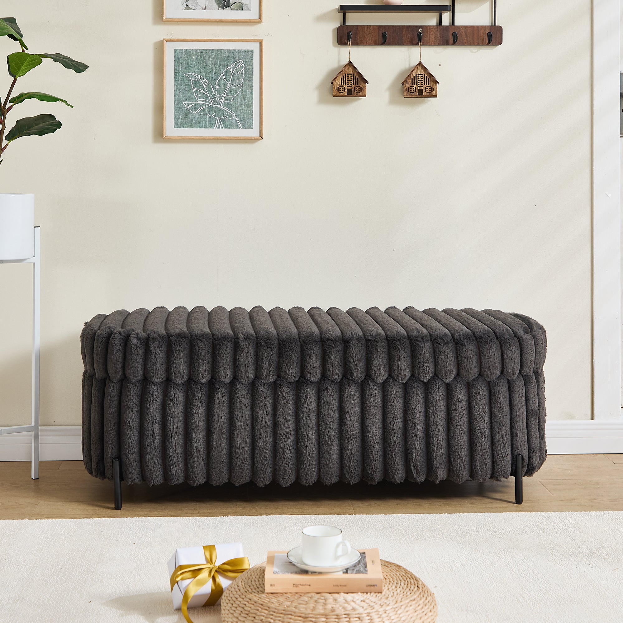 49.2' Wide Faux Fur Flip Top Storage Bench with Black Metal Legs, Bed End Stool Foot Rest for Living Room Entryway Dorm Bedroom,Charcoal