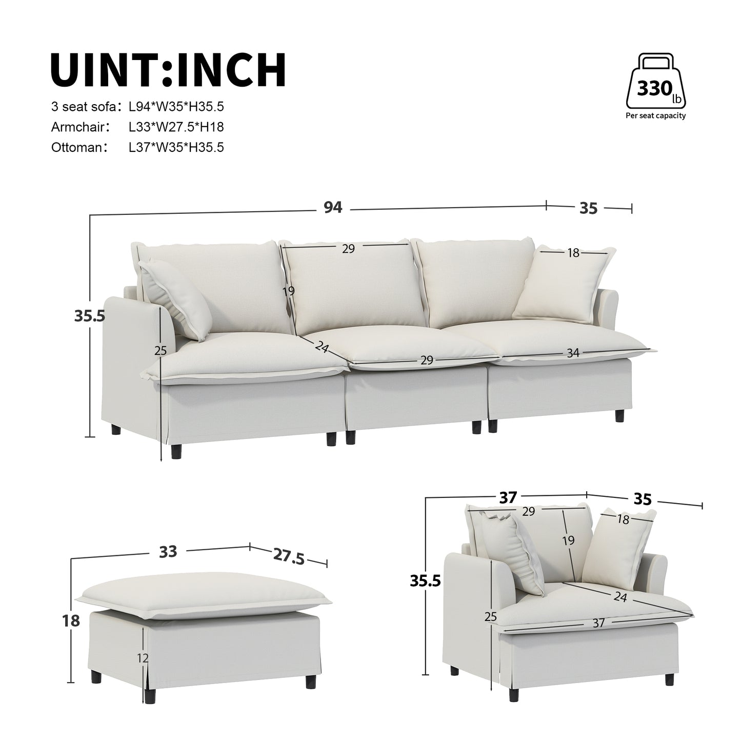 [New+Video] 94*35' 3 Seat Sofa Module for Modular Sectional Sofa,Wide Seat,Chenille Cloud Couch with Throw Pillows,Upholstered Indoor Furniture for Living Room,Bedroom,Apartment,2 Colors