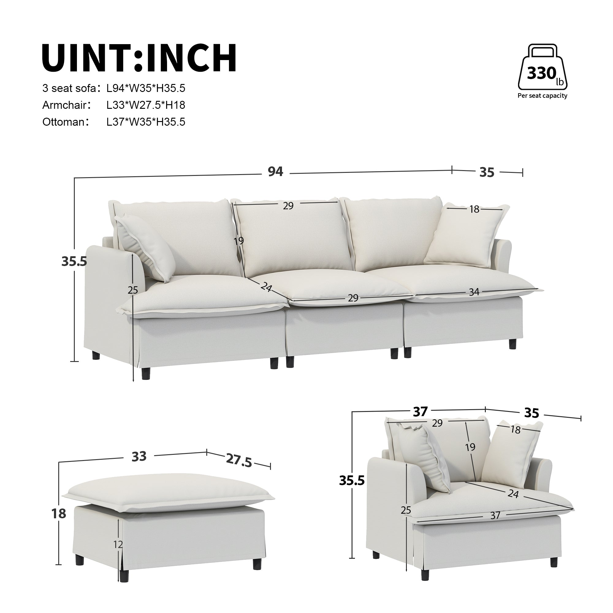 [New+Video] 94*35' 3 Seat Sofa Module for Modular Sectional Sofa,Wide Seat,Chenille Cloud Couch with Throw Pillows,Upholstered Indoor Furniture for Living Room,Bedroom,Apartment,2 Colors