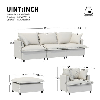 [New+Video] 94*35' 3 Seat Sofa Module for Modular Sectional Sofa,Wide Seat,Chenille Cloud Couch with Throw Pillows,Upholstered Indoor Furniture for Living Room,Bedroom,Apartment,2 Colors
