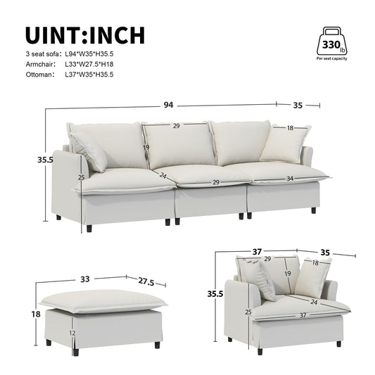 [New+Video] 94*35' 3 Seat Sofa Module for Modular Sectional Sofa,Wide Seat,Chenille Cloud Couch with Throw Pillows,Upholstered Indoor Furniture for Living Room,Bedroom,Apartment,2 Colors