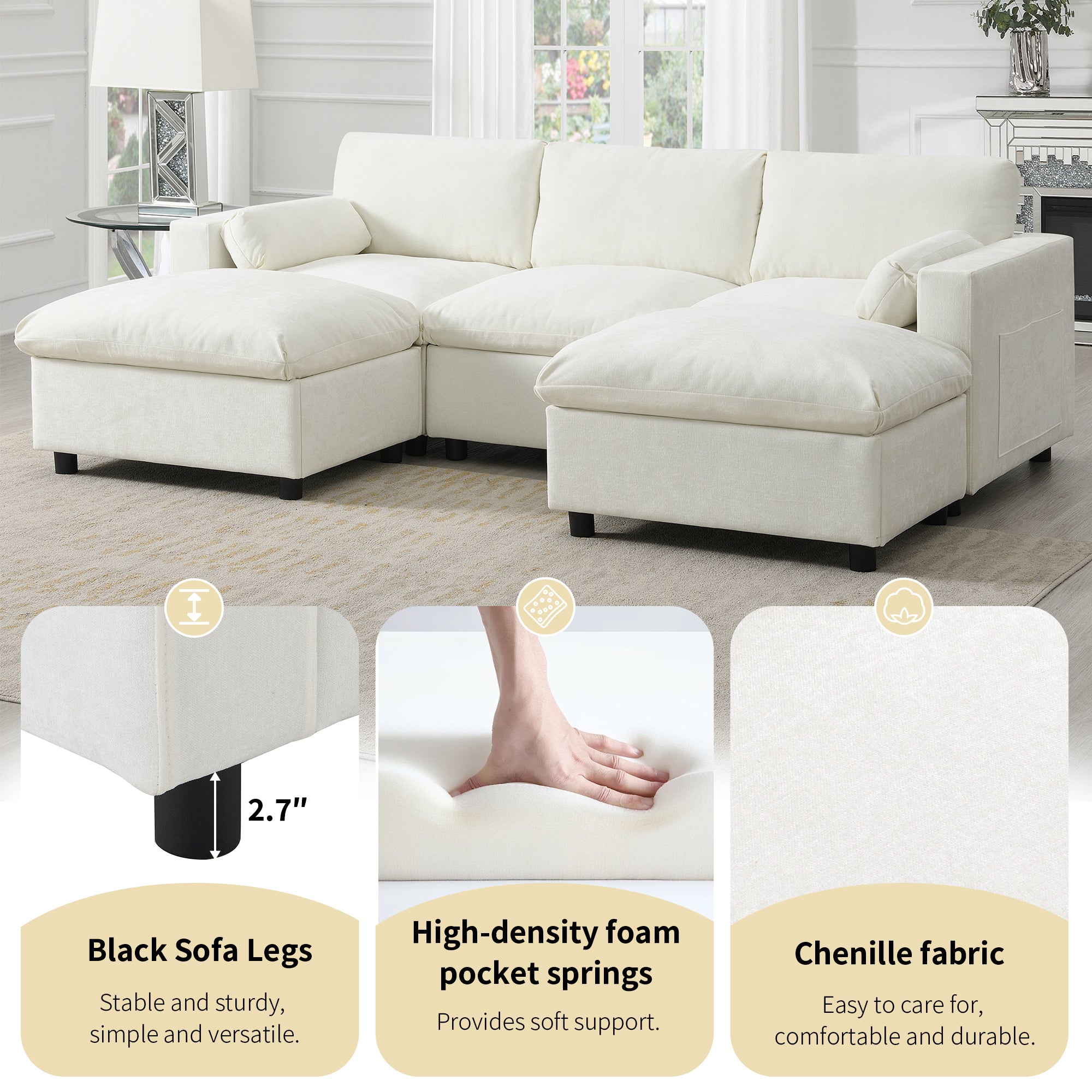 [VIDEO]86.5'' Chenille Modular Sectional Sofa with Storage Pockets, 5 Seat U Shaped Couch Set with Pillows,Free Combination,Modern Cloud Sofa with 2 Movable Ottoman for Living Room,Apartment,3 Colors
