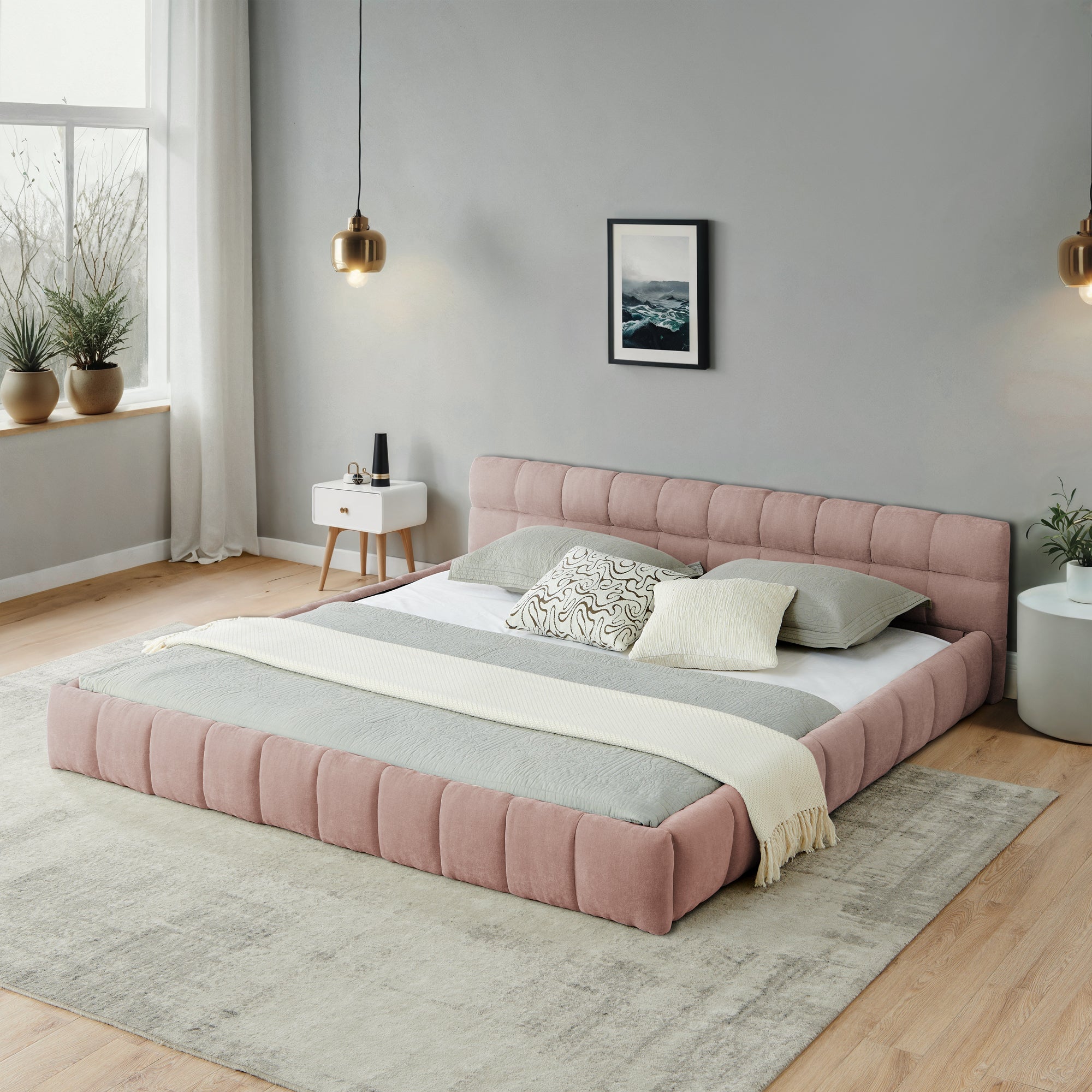 California King size Upholstered Bed Frame with Thick Fabric, Chenille Fabric Grounded Queen Size Platform Bed with Headboard and Solid Frame. No Box Spring Needed-Pink(90.5''*80.5''*31'')