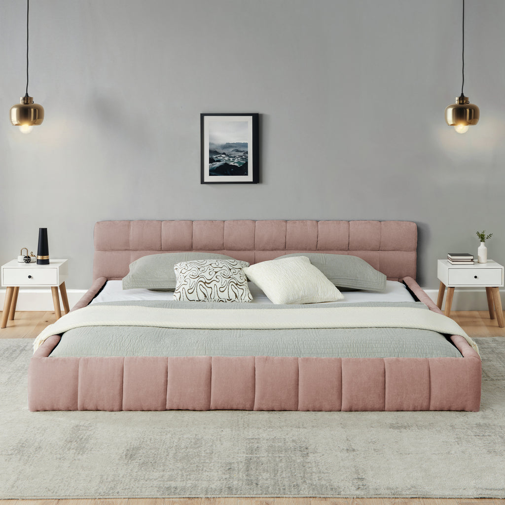 California King size Upholstered Bed Frame with Thick Fabric, Chenille Fabric Grounded Queen Size Platform Bed with Headboard and Solid Frame. No Box Spring Needed-Pink(90.5''*80.5''*31'')