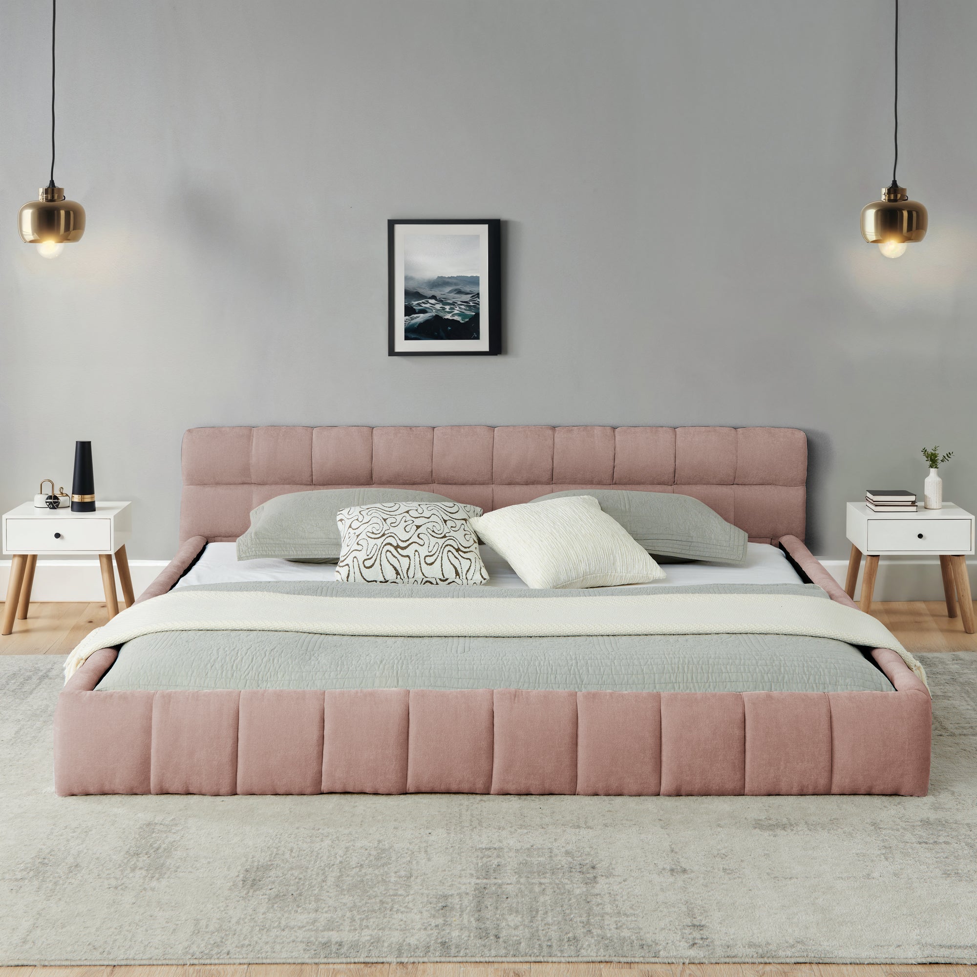 California King size Upholstered Bed Frame with Thick Fabric, Chenille Fabric Grounded Queen Size Platform Bed with Headboard and Solid Frame. No Box Spring Needed-Pink(90.5''*80.5''*31'')