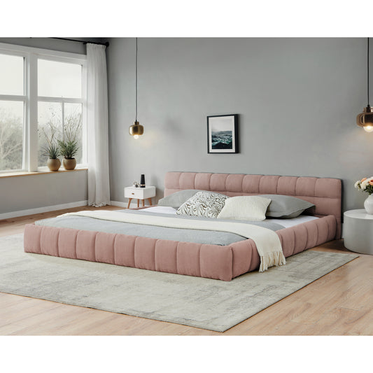California King size Upholstered Bed Frame with Thick Fabric, Chenille Fabric Grounded Queen Size Platform Bed with Headboard and Solid Frame. No Box Spring Needed-Pink(90.5''*80.5''*31'')