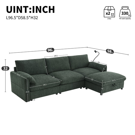 [VIDEO+NEW]96.5'' Chenille Sectional Sofa with Storage Ottoman and Pockets,Adjustable Phone Holder,Wide Seat,4 Seat L Shaped Couch Set,Comfy Sofa with USB Charger for Living Room,Apartment,3 Colors