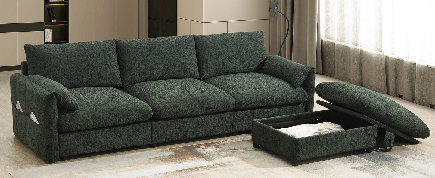 [VIDEO+NEW]96.5'' Chenille Sectional Sofa with Storage Ottoman and Pockets,Adjustable Phone Holder,Wide Seat,4 Seat L Shaped Couch Set,Comfy Sofa with USB Charger for Living Room,Apartment,3 Colors