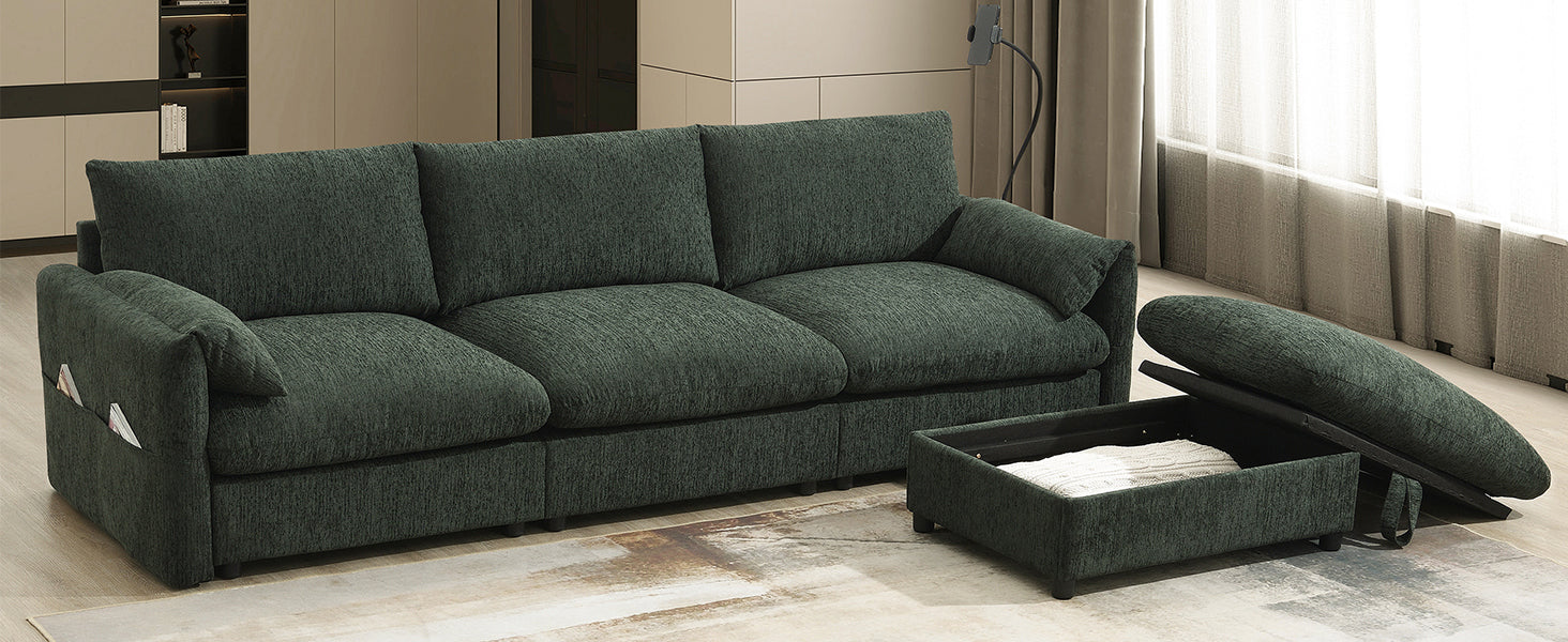 [VIDEO+NEW]96.5'' Chenille Sectional Sofa with Storage Ottoman and Pockets,Adjustable Phone Holder,Wide Seat,4 Seat L Shaped Couch Set,Comfy Sofa with USB Charger for Living Room,Apartment,3 Colors
