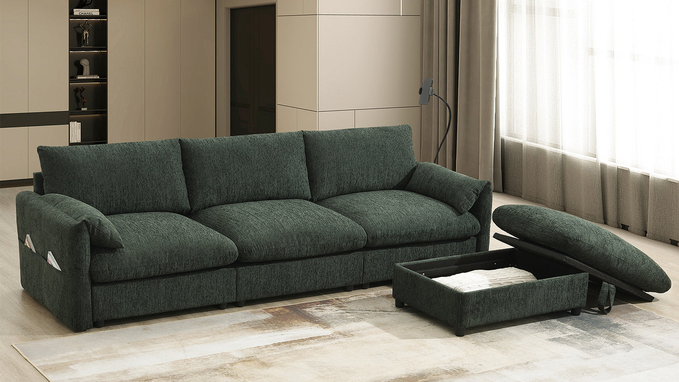 [VIDEO+NEW]96.5'' Chenille Sectional Sofa with Storage Ottoman and Pockets,Adjustable Phone Holder,Wide Seat,4 Seat L Shaped Couch Set,Comfy Sofa with USB Charger for Living Room,Apartment,3 Colors