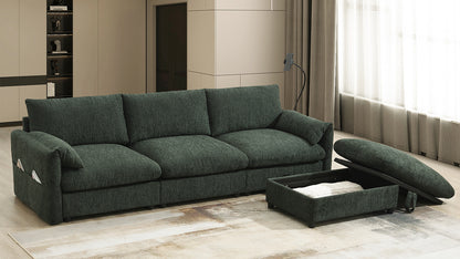 [VIDEO+NEW]96.5'' Chenille Sectional Sofa with Storage Ottoman and Pockets,Adjustable Phone Holder,Wide Seat,4 Seat L Shaped Couch Set,Comfy Sofa with USB Charger for Living Room,Apartment,3 Colors