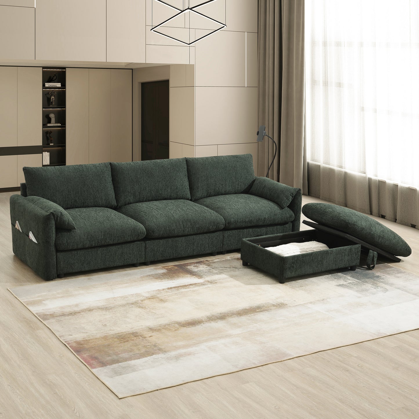 [VIDEO+NEW]96.5'' Chenille Sectional Sofa with Storage Ottoman and Pockets,Adjustable Phone Holder,Wide Seat,4 Seat L Shaped Couch Set,Comfy Sofa with USB Charger for Living Room,Apartment,3 Colors