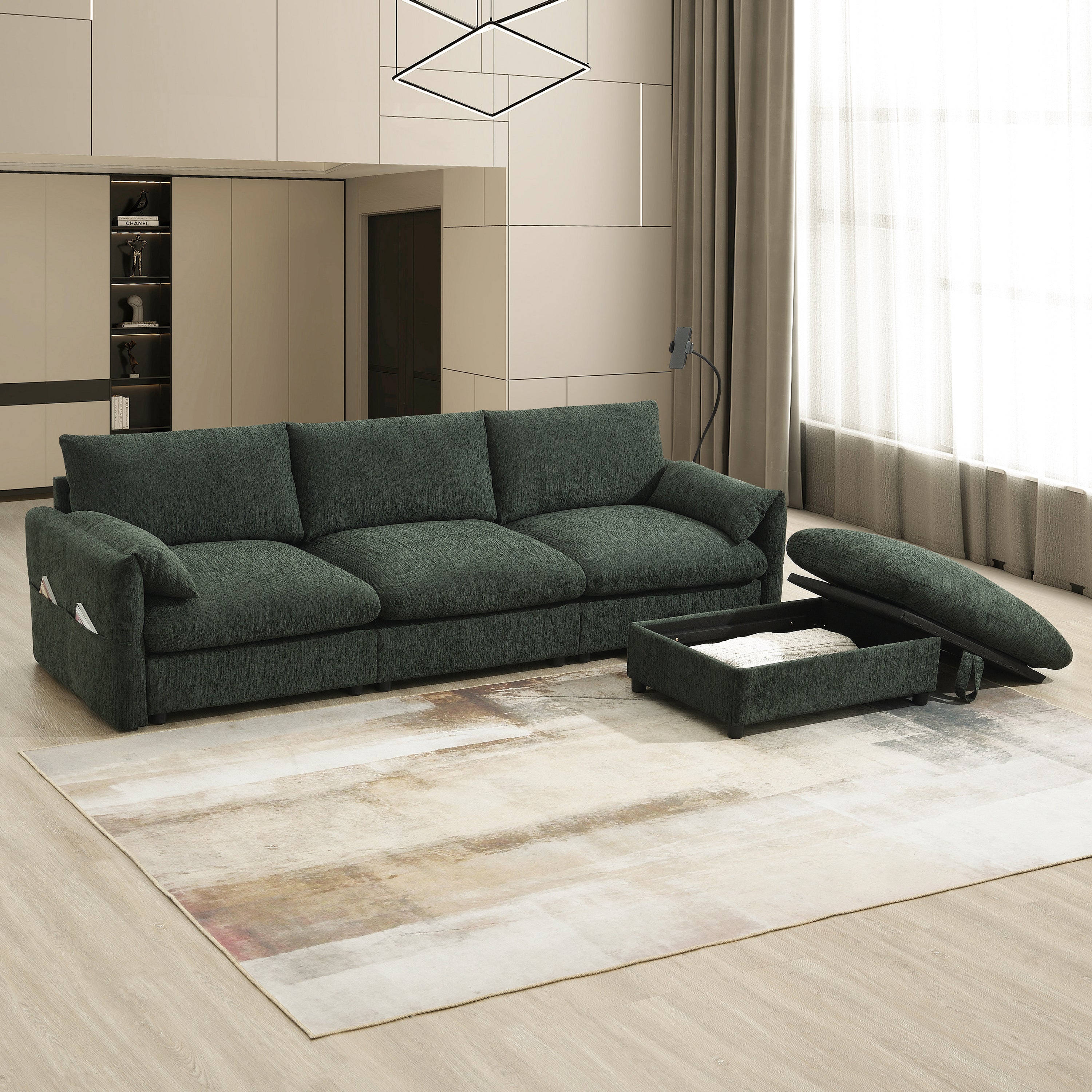 [VIDEO+NEW]96.5'' Chenille Sectional Sofa with Storage Ottoman and Pockets,Adjustable Phone Holder,Wide Seat,4 Seat L Shaped Couch Set,Comfy Sofa with USB Charger for Living Room,Apartment,3 Colors