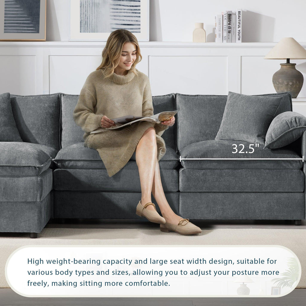 Chenille L-Shaped Modular Sectional Sofa with Ottoman.