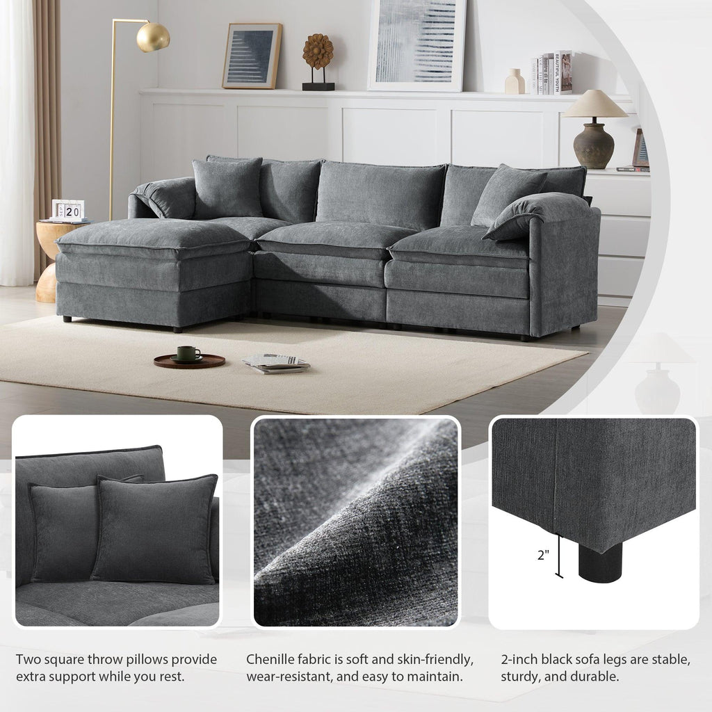 Chenille L-Shaped Modular Sectional Sofa with Ottoman.