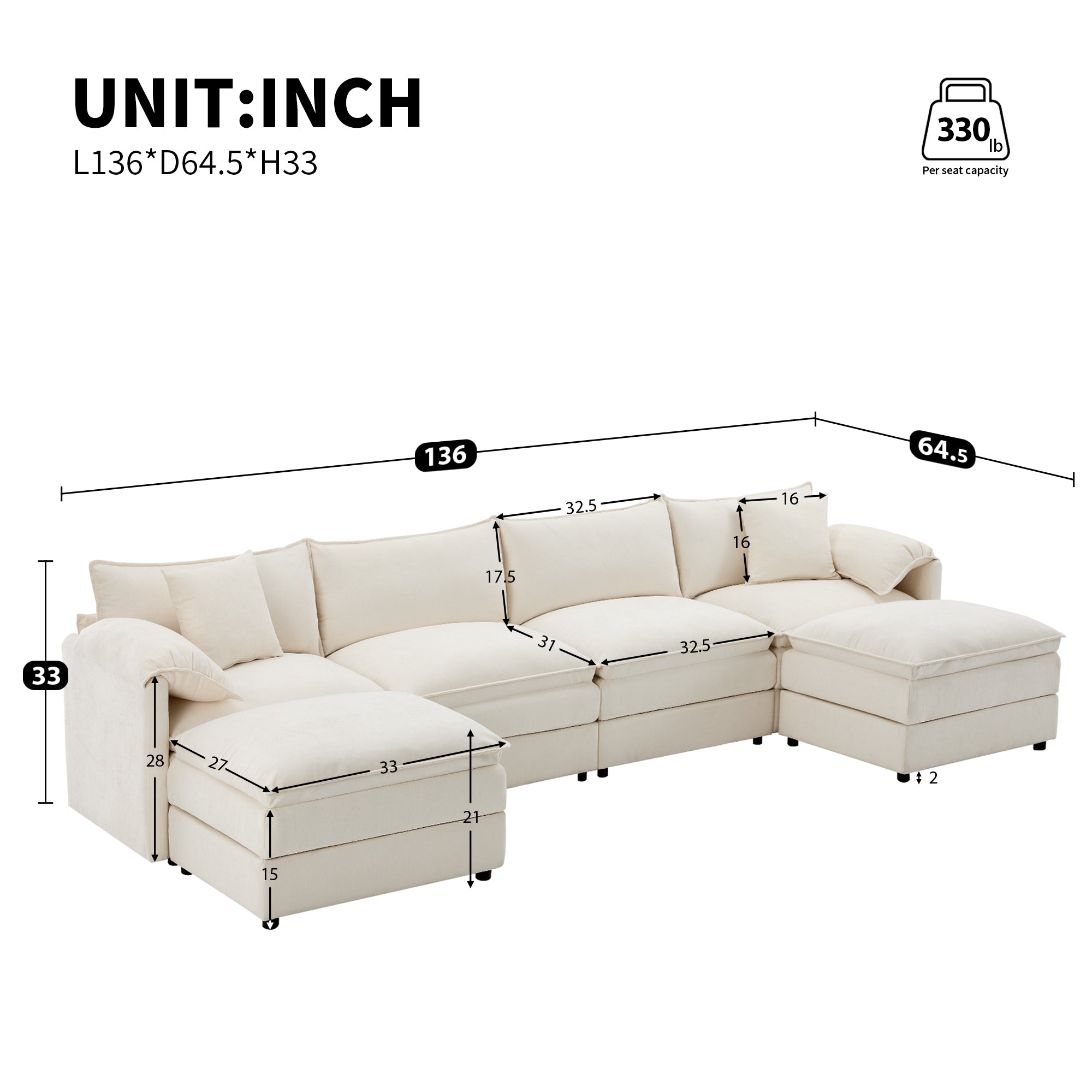 [VIDEO] 136' Chenille Modular Sectional Sofa with Deep and Wide Seat,U Shaped Cloud Couch Set with Double Cushions,6 Seat Sofa with Movable Ottomans,Oversized Indoor Furniture for Living Room,3 Colors