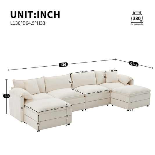 [VIDEO] 136' Chenille Modular Sectional Sofa with Deep and Wide Seat,U Shaped Cloud Couch Set with Double Cushions,6 Seat Sofa with Movable Ottomans,Oversized Indoor Furniture for Living Room,3 Colors