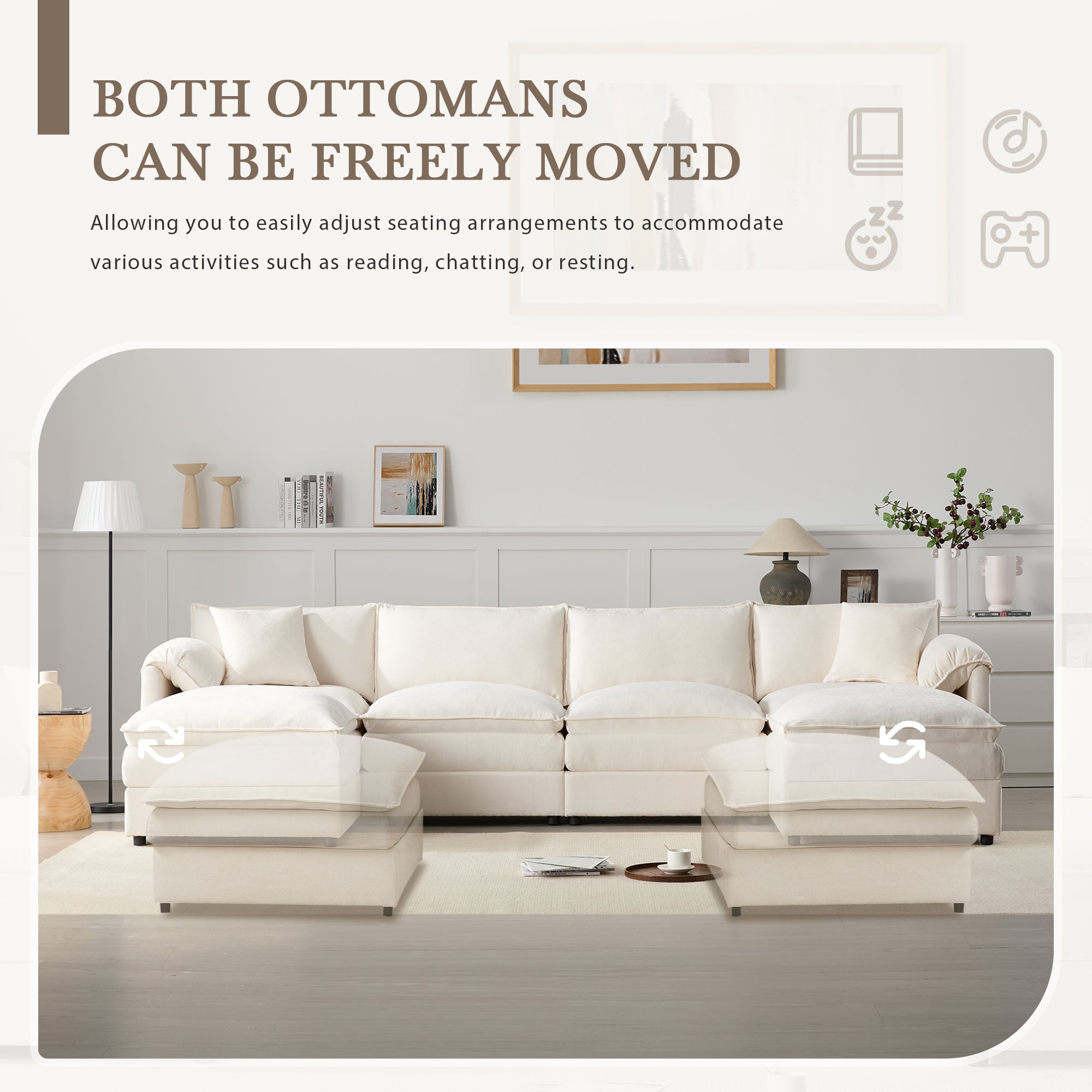 [VIDEO] 136' Chenille Modular Sectional Sofa with Deep and Wide Seat,U Shaped Cloud Couch Set with Double Cushions,6 Seat Sofa with Movable Ottomans,Oversized Indoor Furniture for Living Room,3 Colors