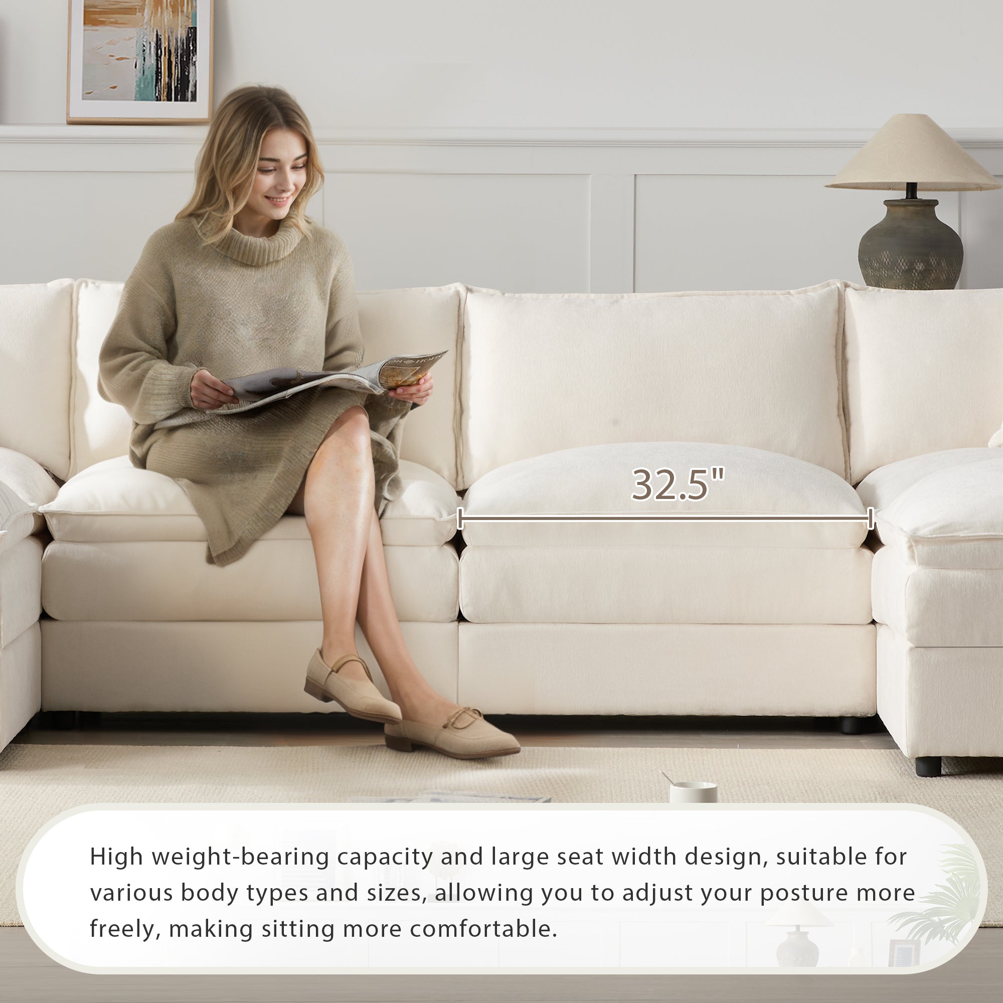 [VIDEO] 136' Chenille Modular Sectional Sofa with Deep and Wide Seat,U Shaped Cloud Couch Set with Double Cushions,6 Seat Sofa with Movable Ottomans,Oversized Indoor Furniture for Living Room,3 Colors