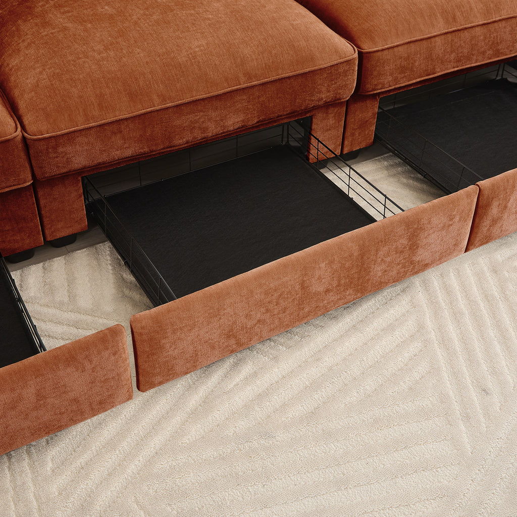Chenille Orange 2-Seater Sofa With Storage Drawers.