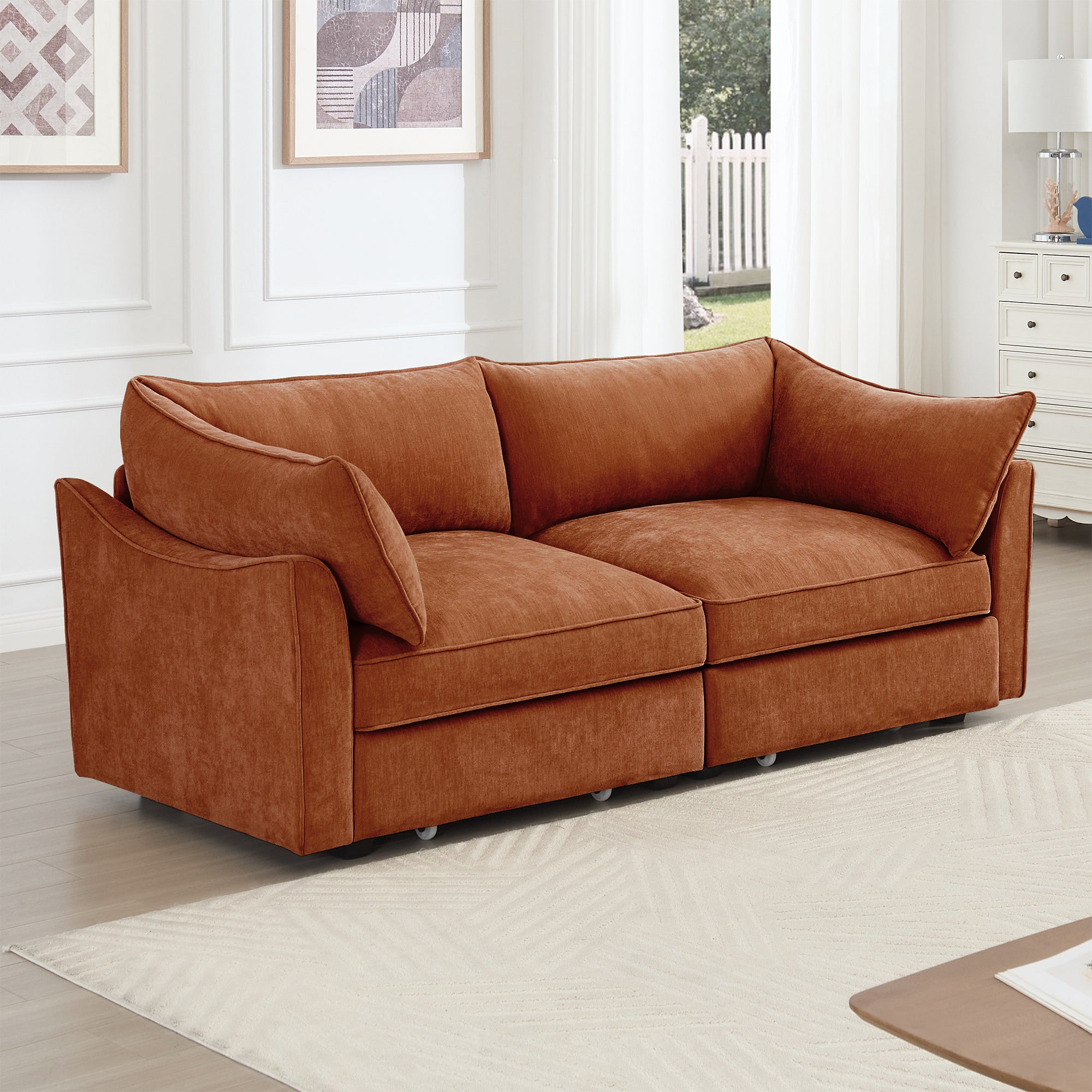 2 Seater Sofa With Pull out Storage Drawers Under Each Seat, Crescent-shaped Armrests And Wraparound , Suitable for Small Living Rooms, Chenille Orange