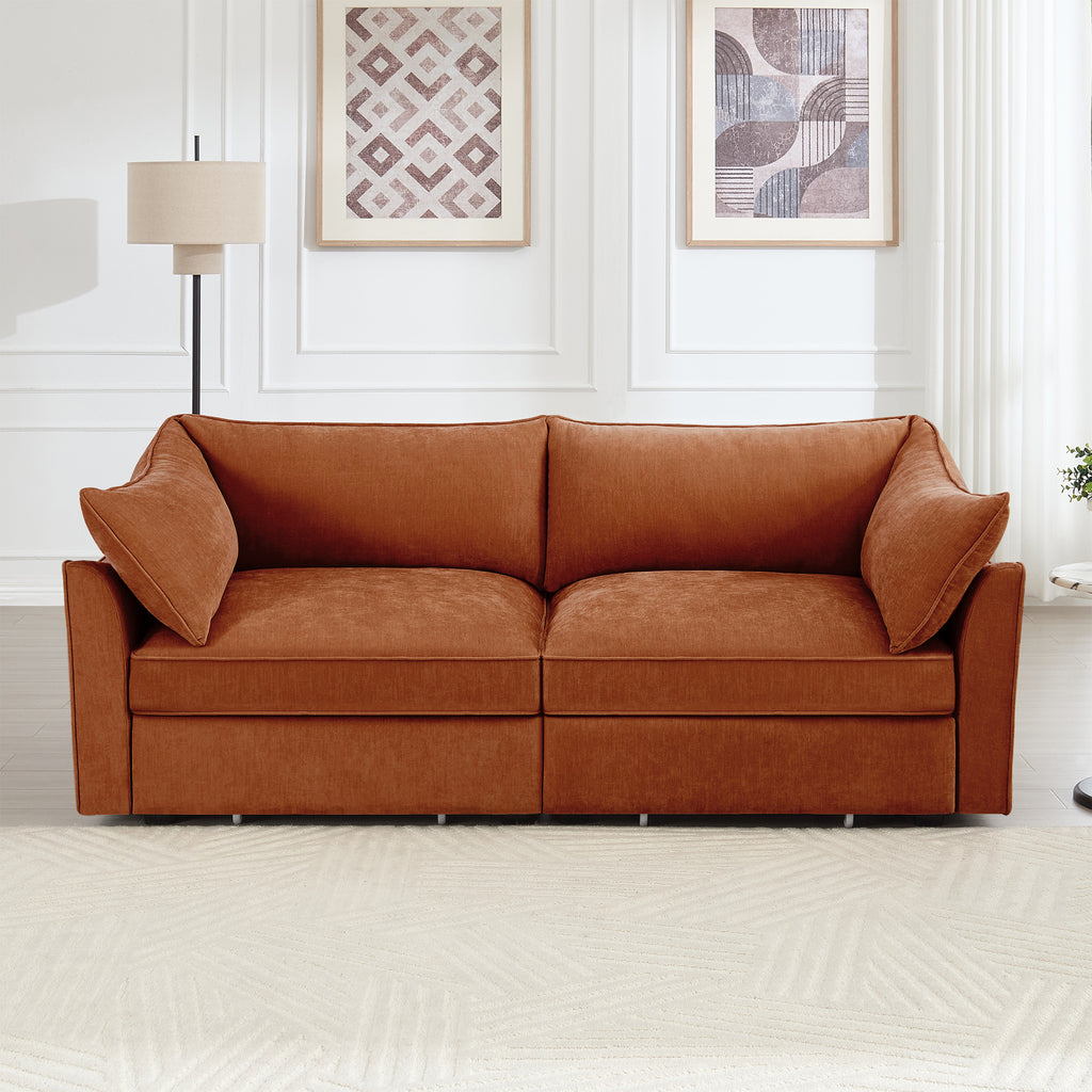 Chenille Orange 2-Seater Sofa With Storage Drawers.