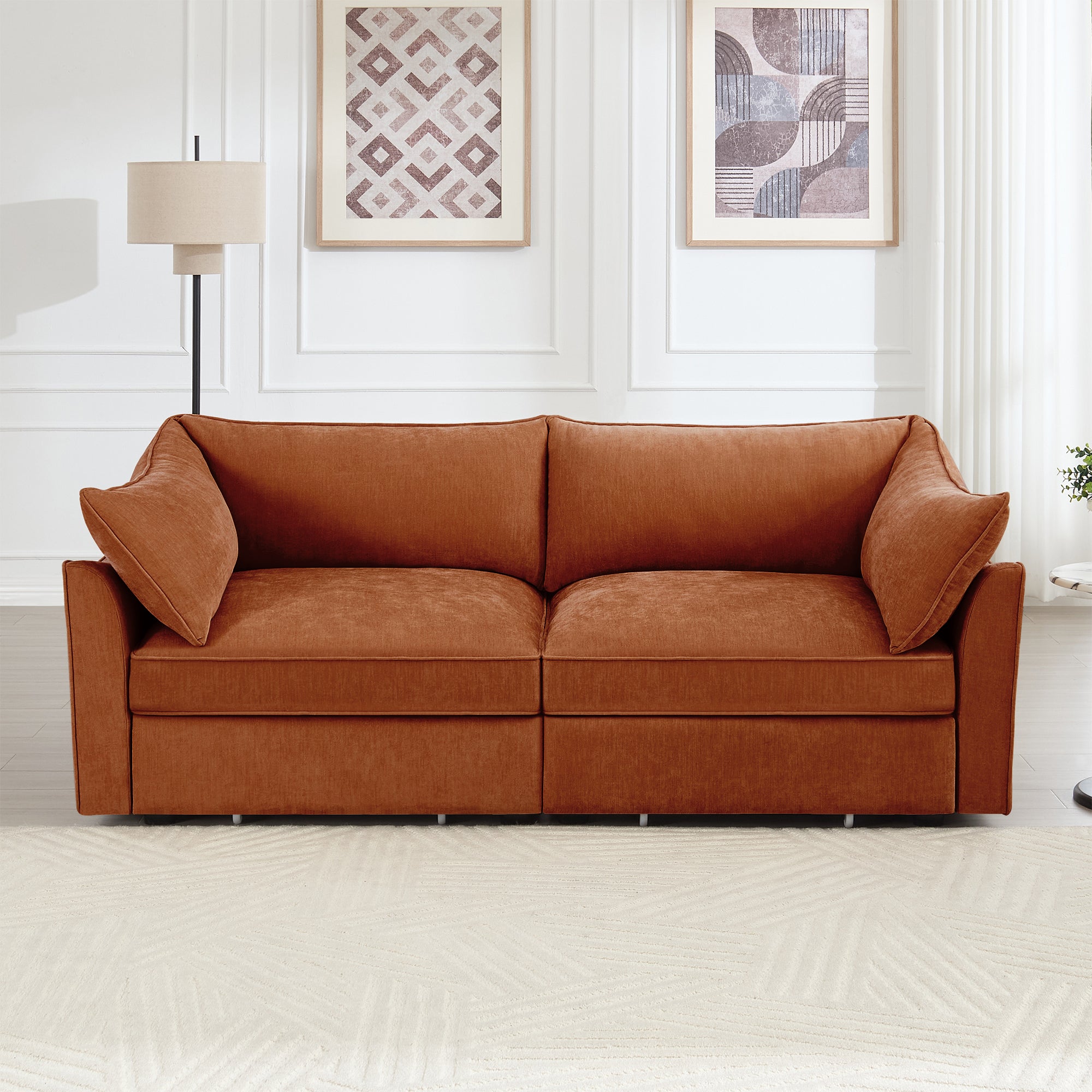 2 Seater Sofa With Pull out Storage Drawers Under Each Seat, Crescent-shaped Armrests And Wraparound , Suitable for Small Living Rooms, Chenille Orange
