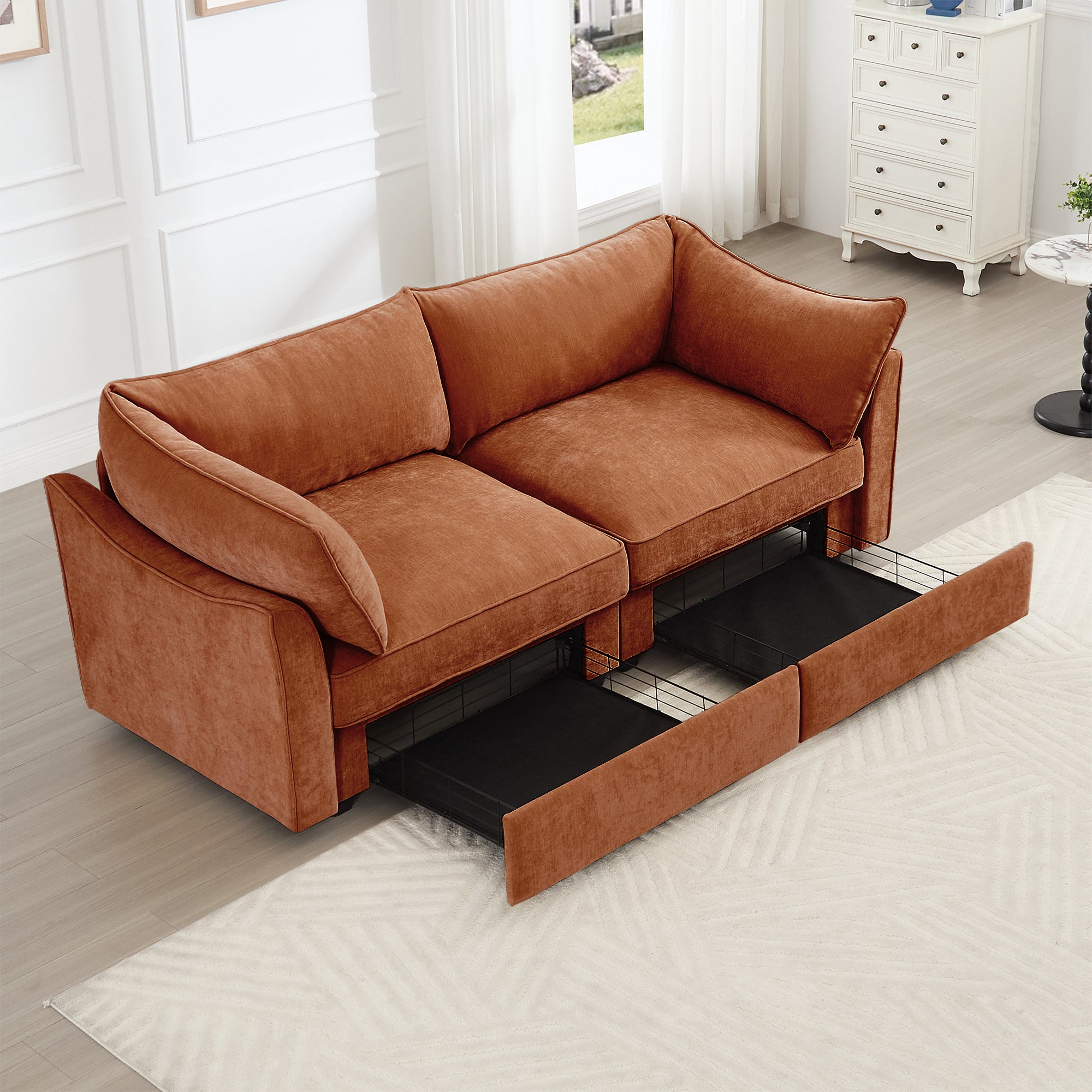 2 Seater Sofa With Pull out Storage Drawers Under Each Seat, Crescent-shaped Armrests And Wraparound , Suitable for Small Living Rooms, Chenille Orange