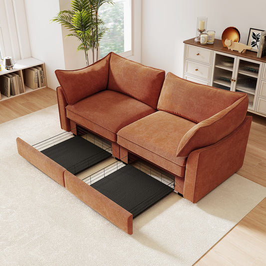 2 Seater Sofa With Pull out Storage Drawers Under Each Seat, Crescent-shaped Armrests And Wraparound , Suitable for Small Living Rooms, Chenille Orange