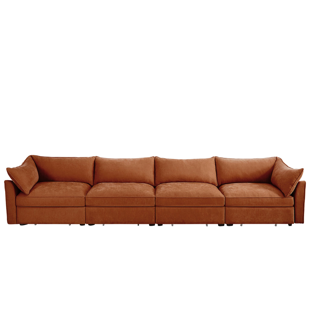 Super Large Wide and Deep Seat Sofa Couch for 4 Persons, 4 Seater Sofa with Storage Pull out Drawer Under Each Seat, Chenille Orange