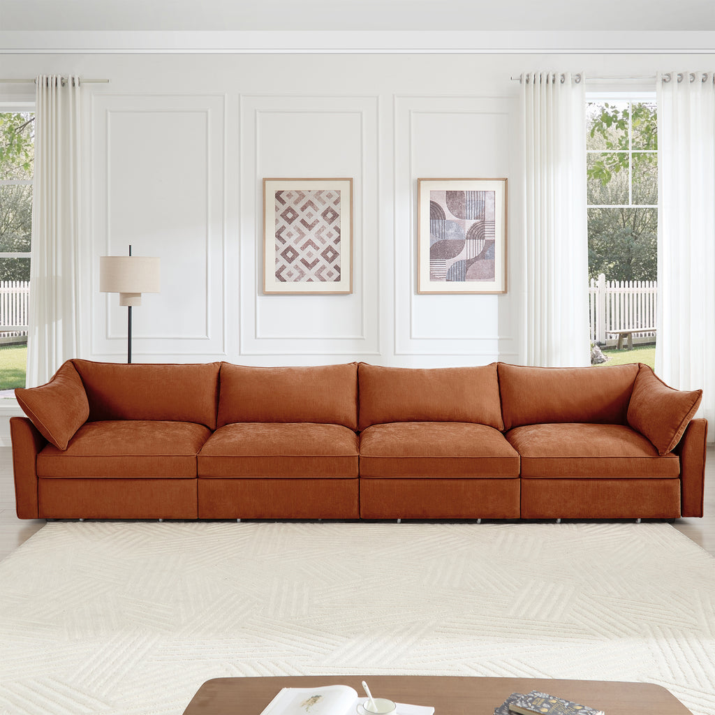 Super Large Wide and Deep Seat Sofa Couch for 4 Persons, 4 Seater Sofa with Storage Pull out Drawer Under Each Seat, Chenille Orange