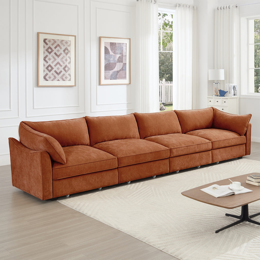Super Large Wide and Deep Seat Sofa Couch for 4 Persons, 4 Seater Sofa with Storage Pull out Drawer Under Each Seat, Chenille Orange