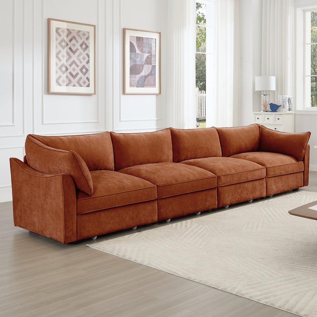 Super Large Wide and Deep Seat Sofa Couch for 4 Persons, 4 Seater Sofa with Storage Pull out Drawer Under Each Seat, Chenille Orange