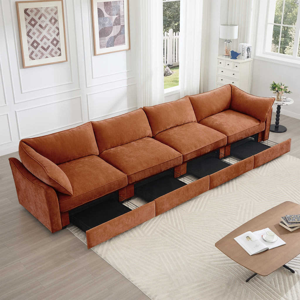 Super Large Wide and Deep Seat Sofa Couch for 4 Persons, 4 Seater Sofa with Storage Pull out Drawer Under Each Seat, Chenille Orange