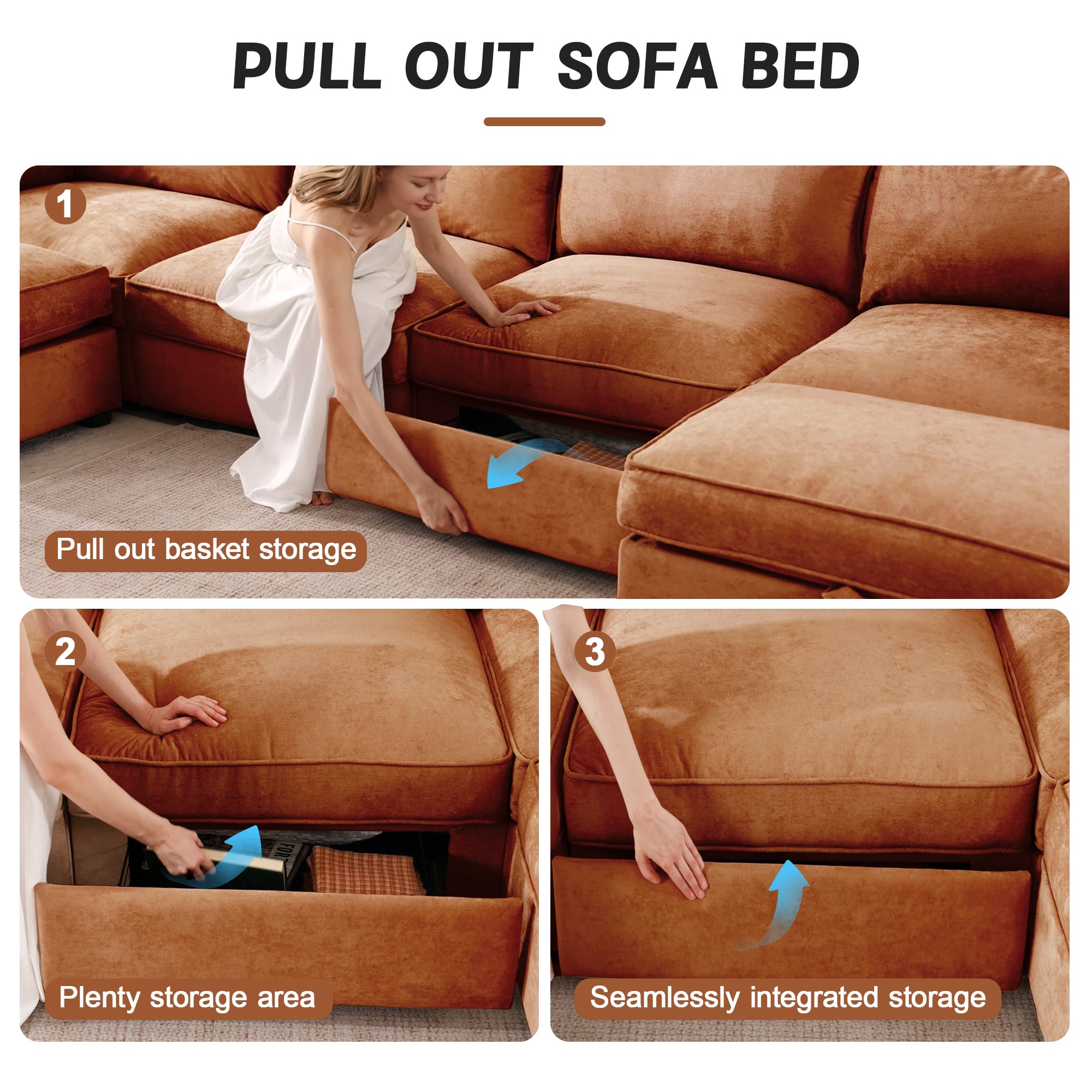 Super Large Wide and Deep Seat Sofa Couch for 4 Persons, 4 Seater Sofa with Storage Pull out Drawer Under Each Seat, Chenille Orange