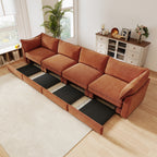 Super Large Wide and Deep Seat Sofa Couch for 4 Persons, 4 Seater Sofa with Storage Pull out Drawer Under Each Seat, Chenille Orange