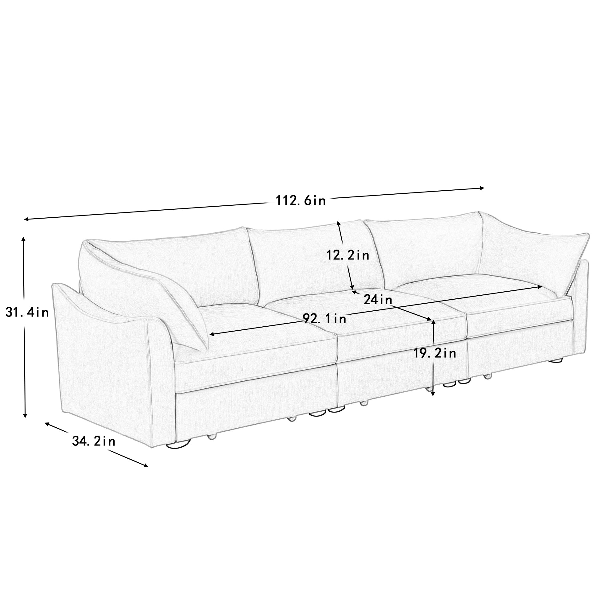 Chenille Upholstered 3-Seat Sofa in Orange with Storage.