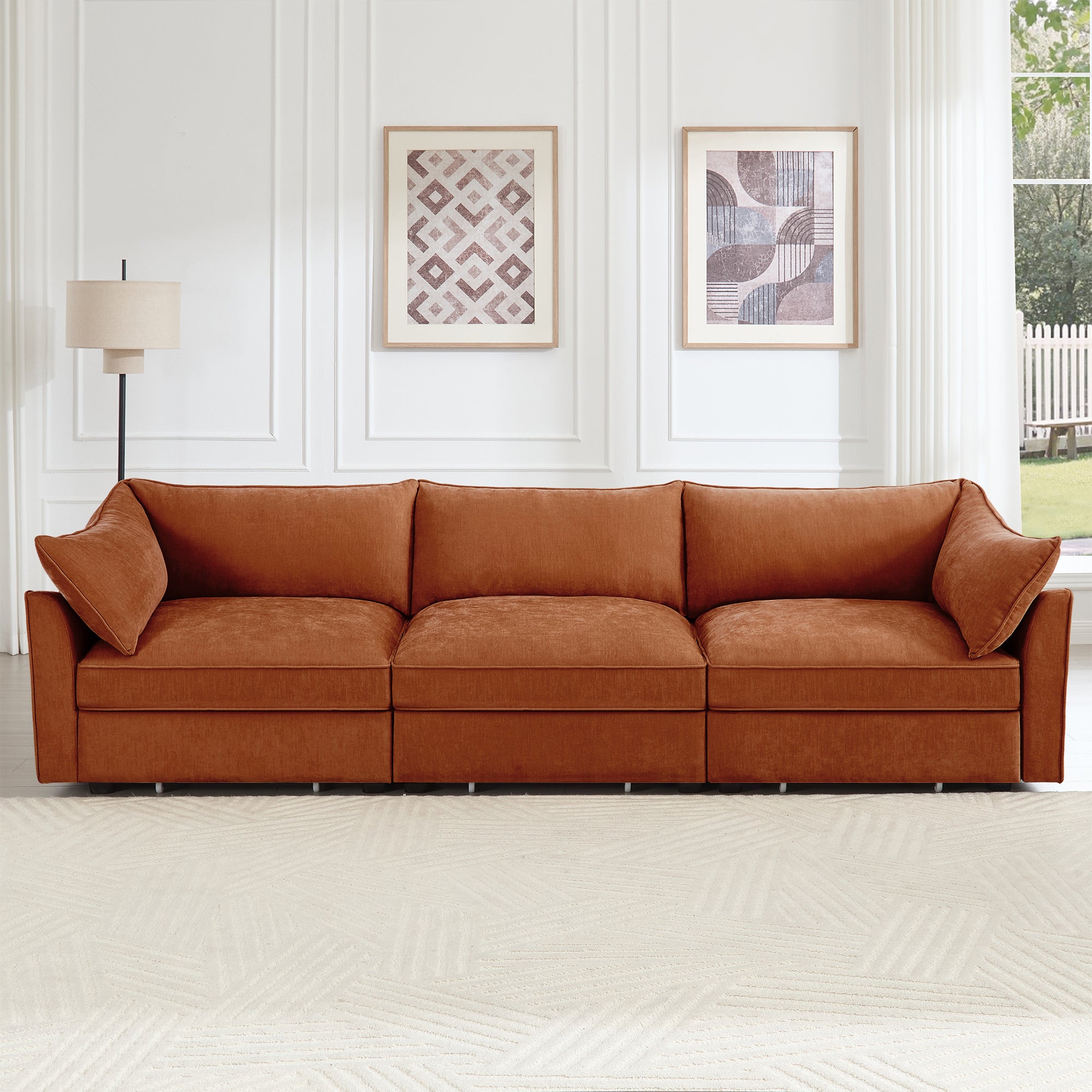 Chenille Upholstered 3-Seat Sofa in Orange with Storage.