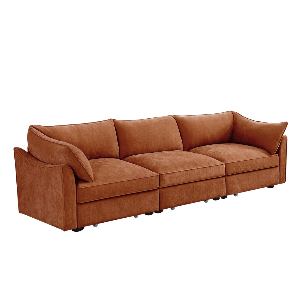 Chenille Upholstered 3-Seat Sofa in Orange with Storage.