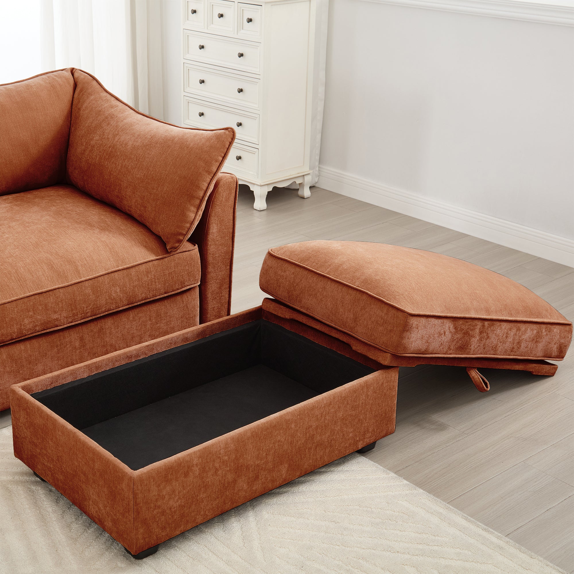 Chenille Upholstered 3-Seat Sofa in Orange with Storage.